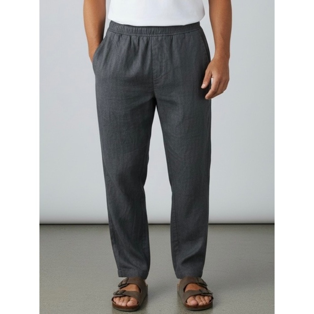 F&K Fashion Collection Mens Linen Blend Elastic Waist Pants Black Large